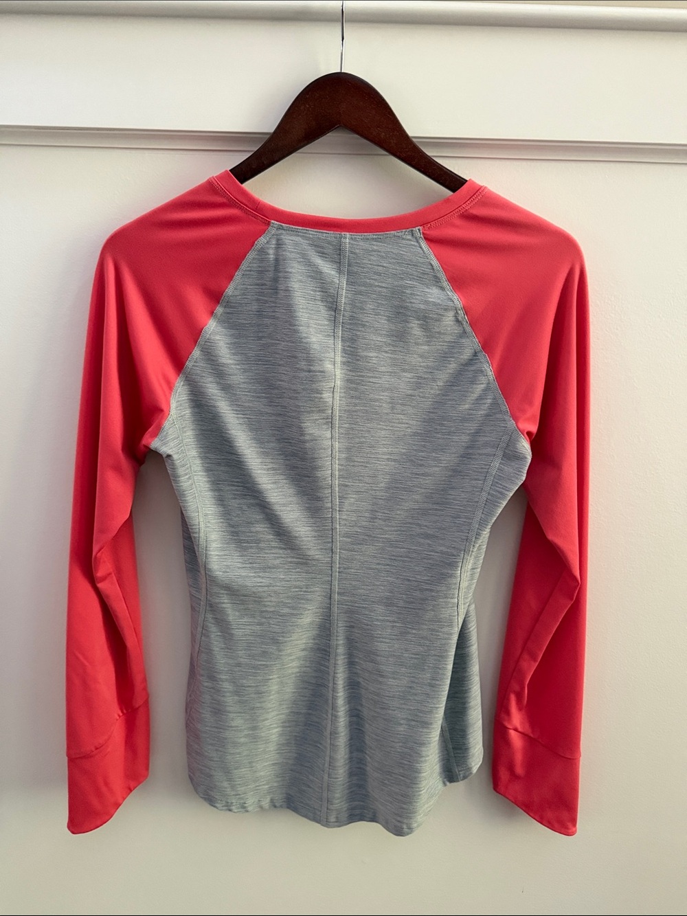 The North Face Heather Gray Raglan Long-Sleeve Tee with Coral Pink Sleeves - Picture 3 of 15